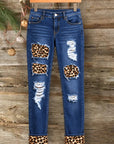 Leopard Patchwork Distressed Stretch Skinny Jeans