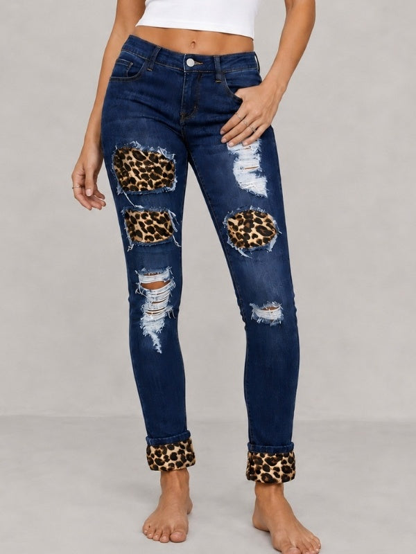 Leopard Patchwork Distressed Stretch Skinny Jeans