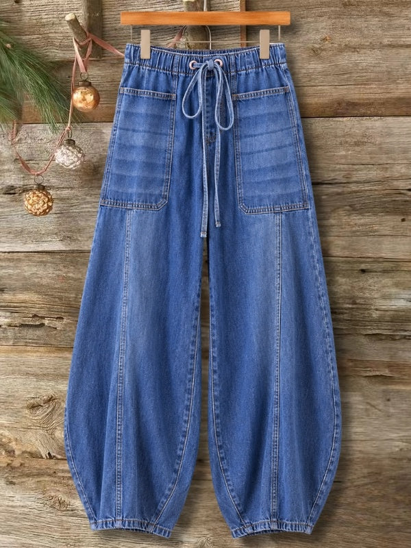 Drawstring Wide Leg Denim Pants with Patch Pockets