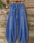 Drawstring Wide Leg Denim Pants with Patch Pockets