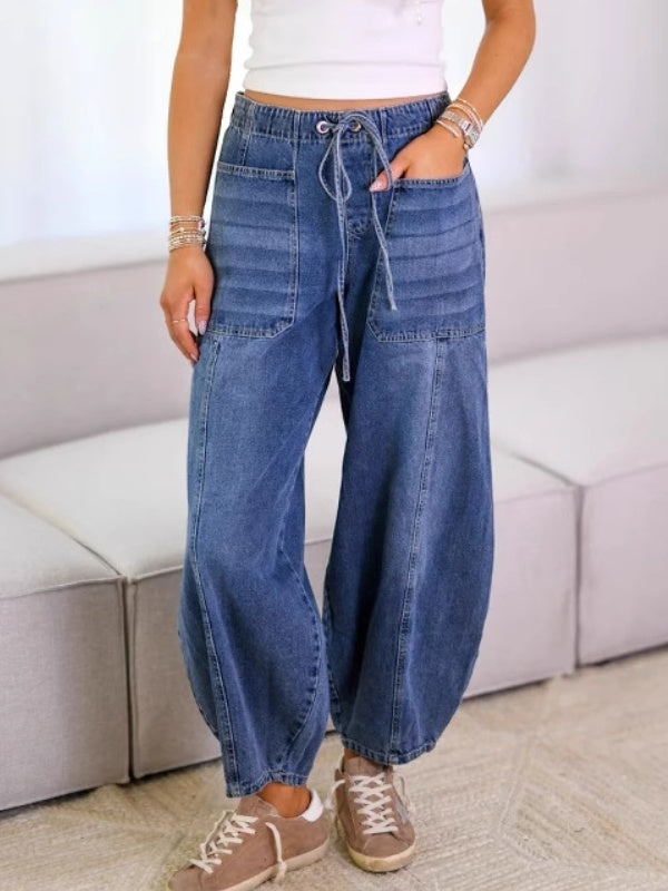 Drawstring Wide Leg Denim Pants with Patch Pockets