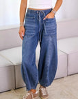 Drawstring Wide Leg Denim Pants with Patch Pockets