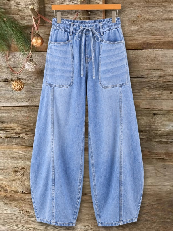 Drawstring Wide Leg Denim Pants with Patch Pockets