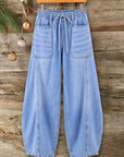 Drawstring Wide Leg Denim Pants with Patch Pockets