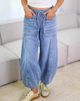 Drawstring Wide Leg Denim Pants with Patch Pockets
