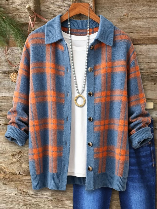 Plaid Print Collared Button Front Knit Cardigan