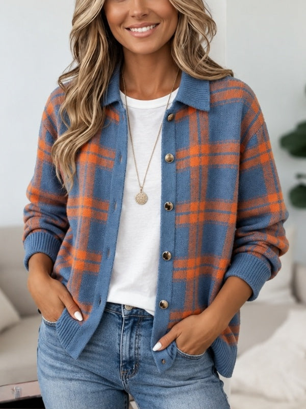 Plaid Print Collared Button Front Knit Cardigan