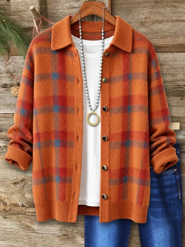 Plaid Print Collared Button Front Knit Cardigan