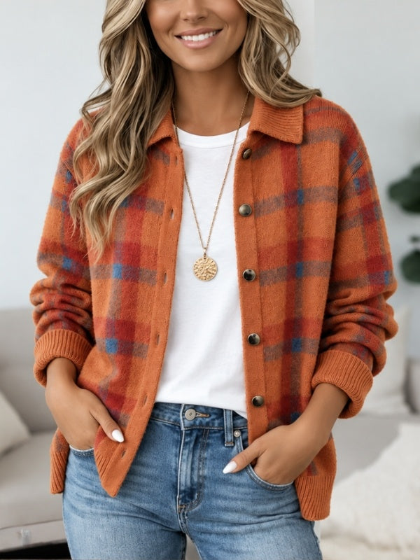 Plaid Print Collared Button Front Knit Cardigan