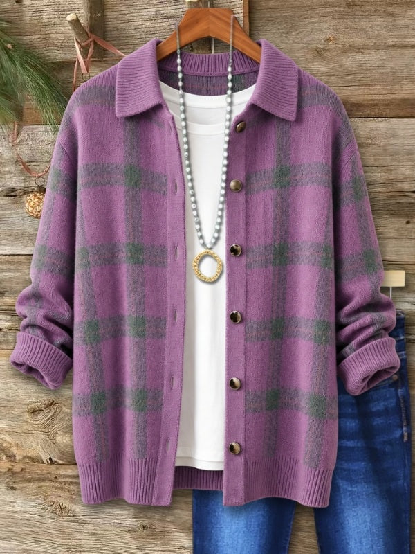 Plaid Print Collared Button Front Knit Cardigan