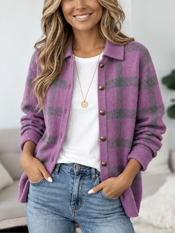 Plaid Print Collared Button Front Knit Cardigan