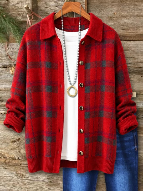 Plaid Print Collared Button Front Knit Cardigan