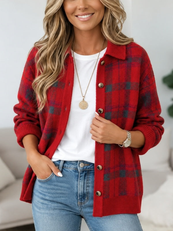 Plaid Print Collared Button Front Knit Cardigan