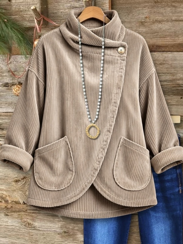 Corduroy Cowl Neck Button Top