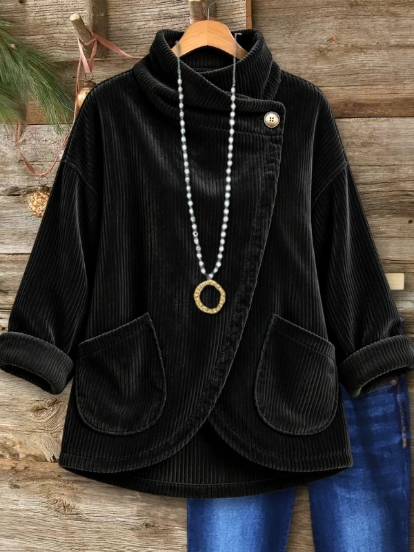 Corduroy Cowl Neck Button Top