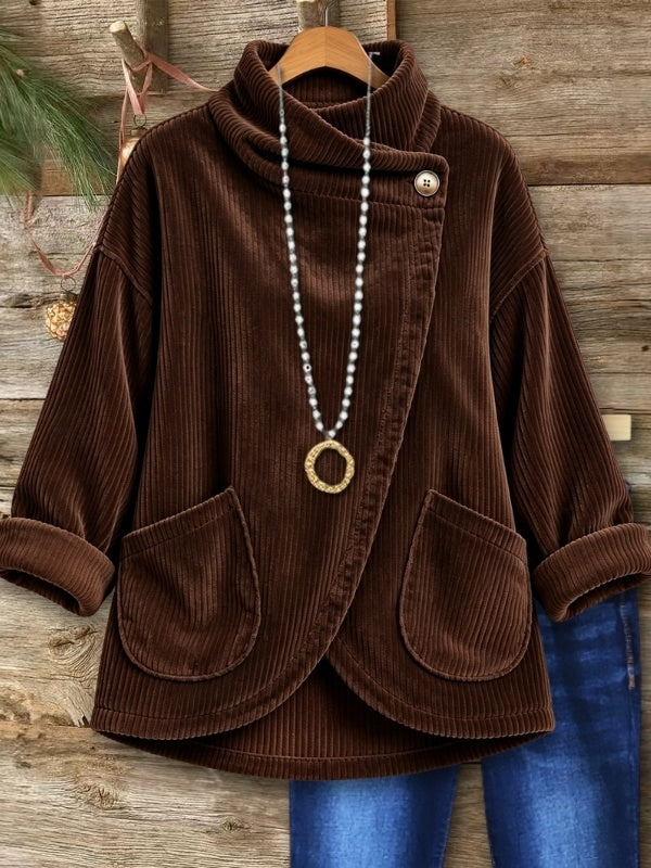 Corduroy Cowl Neck Button Top
