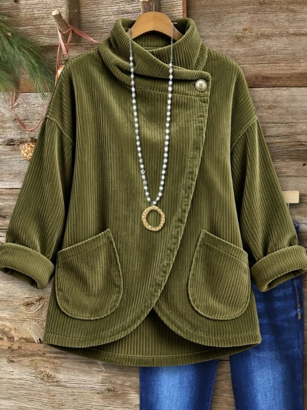 Corduroy Cowl Neck Button Top