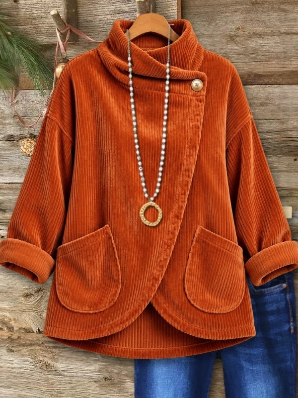 Corduroy Cowl Neck Button Top