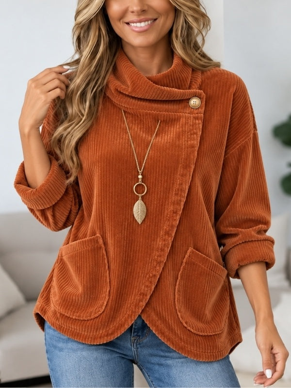 Corduroy Cowl Neck Button Top