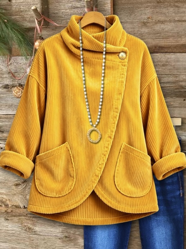 Corduroy Cowl Neck Button Top