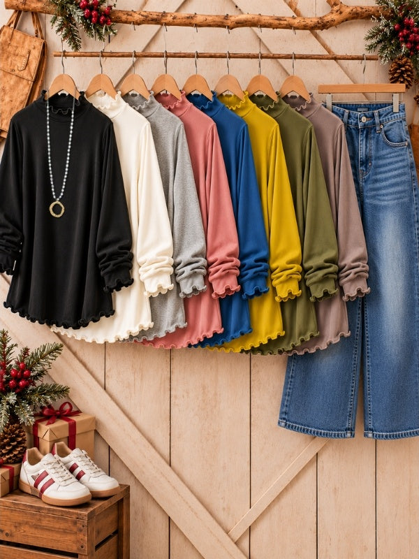 Lettuce Trim Mock Neck Long Sleeve Top