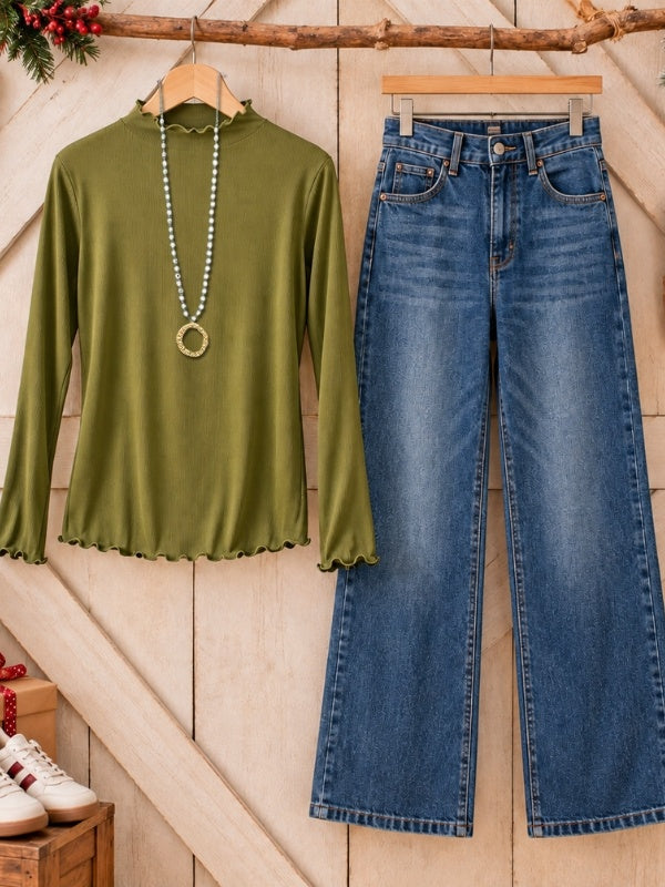 Lettuce Trim Mock Neck Long Sleeve Top