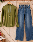 Lettuce Trim Mock Neck Long Sleeve Top