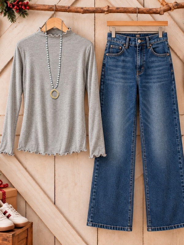 Lettuce Trim Mock Neck Long Sleeve Top