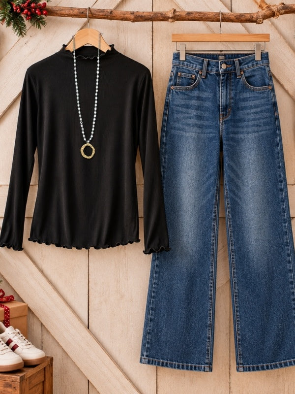 Lettuce Trim Mock Neck Long Sleeve Top