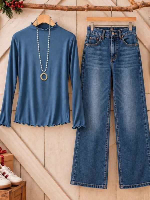 Lettuce Trim Mock Neck Long Sleeve Top