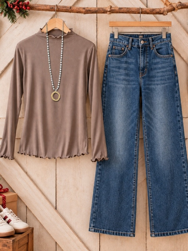Lettuce Trim Mock Neck Long Sleeve Top