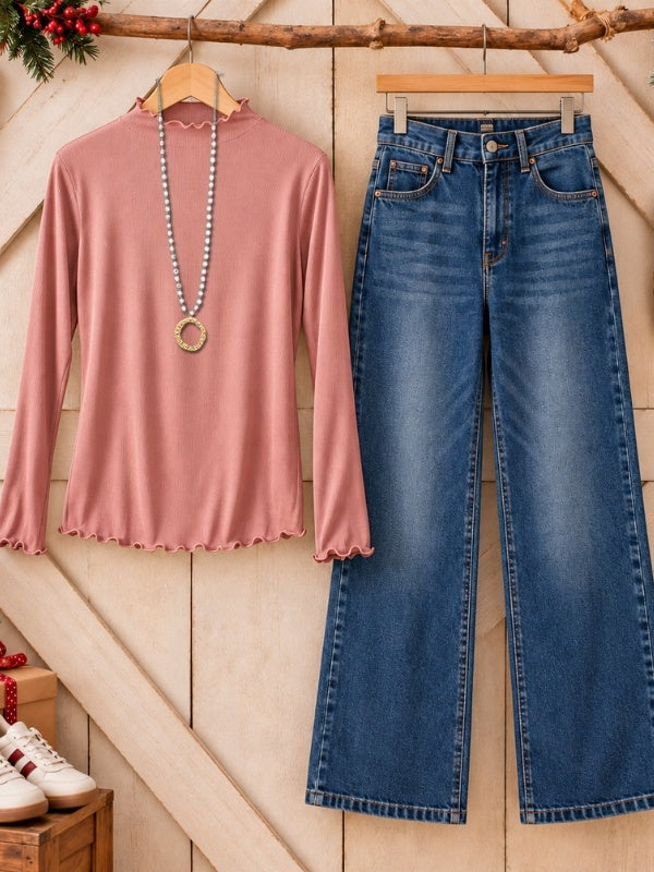 Lettuce Trim Mock Neck Long Sleeve Top