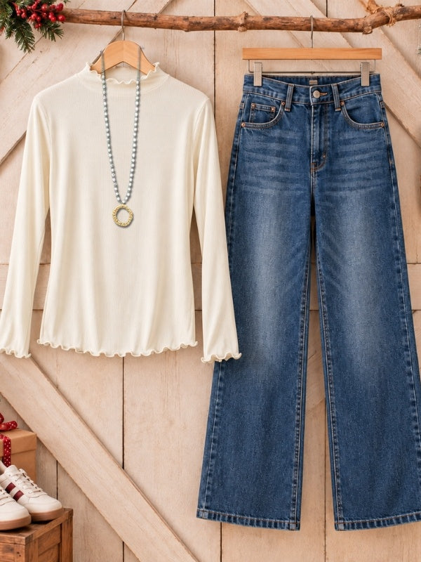 Lettuce Trim Mock Neck Long Sleeve Top
