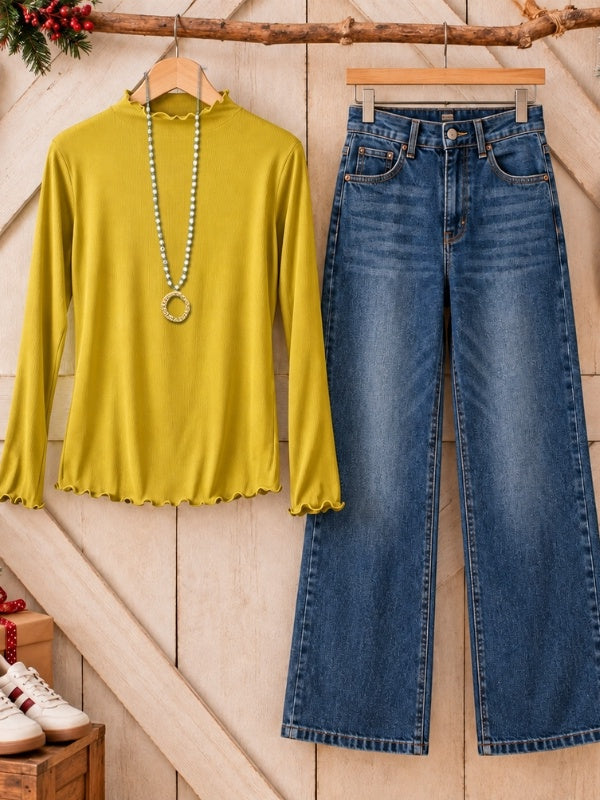 Lettuce Trim Mock Neck Long Sleeve Top