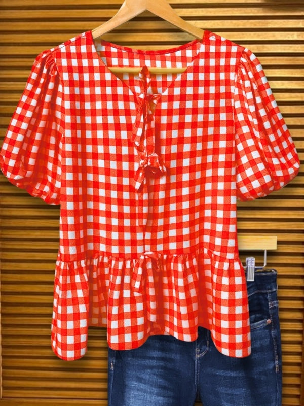 Cherry Gingham Ruffle Top