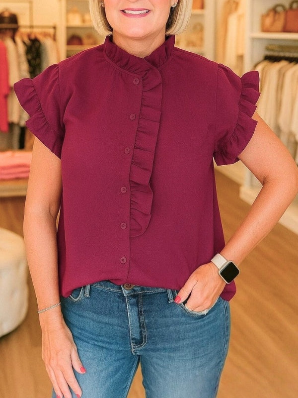 Berry Ruffle Button Top