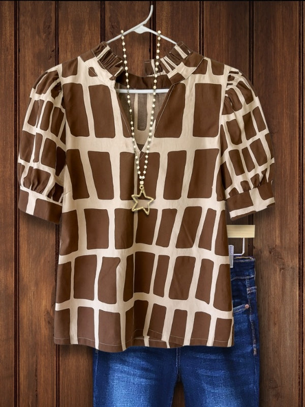 Cocoa Grid Puff Sleeve Top
