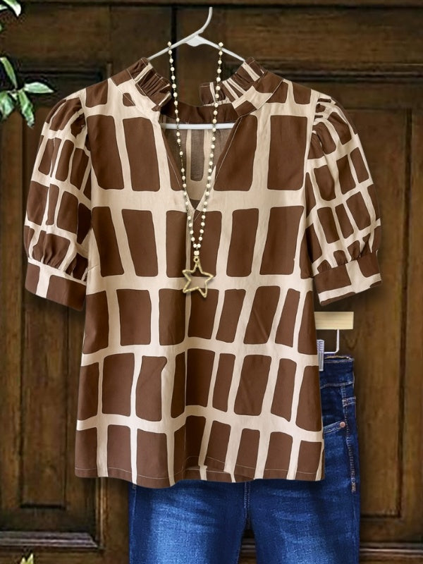 Cocoa Grid Puff Sleeve Top