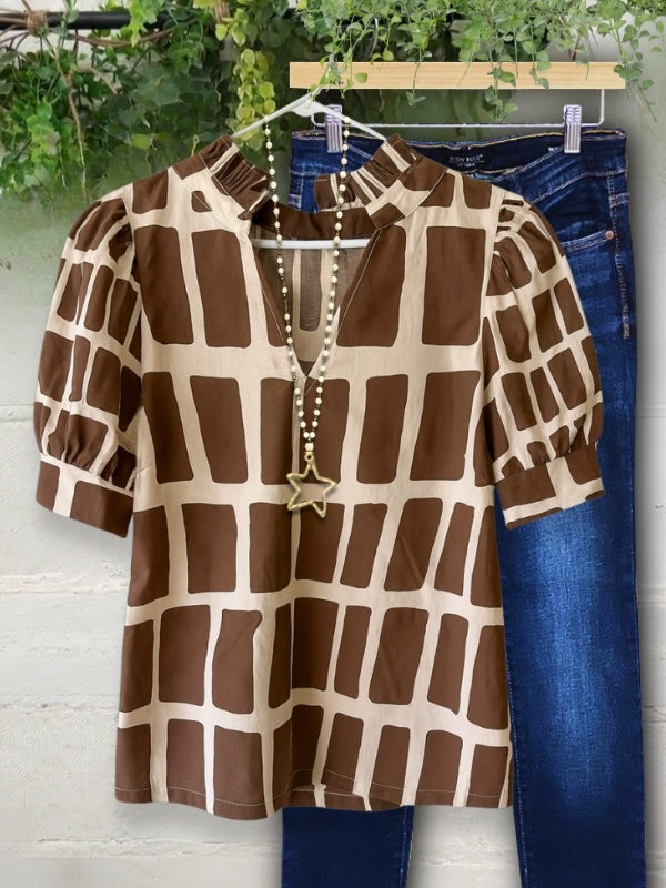 Cocoa Grid Puff Sleeve Top