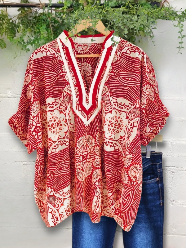 Cream Abstract Batwing Sleeve Top