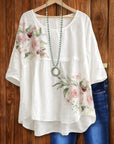 Cotton Linen Floral Babydoll Top with Half Sleeves