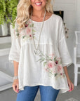 Cotton Linen Floral Babydoll Top with Half Sleeves