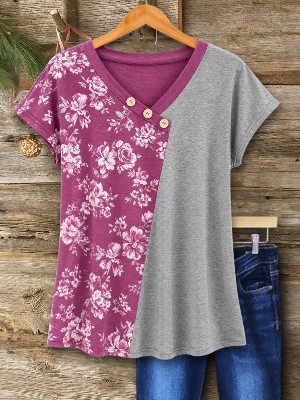 Floral Colorblock V-Neck Tee