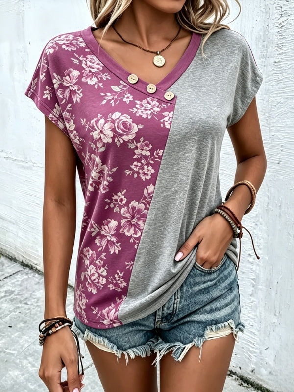 Floral Colorblock V-Neck Tee