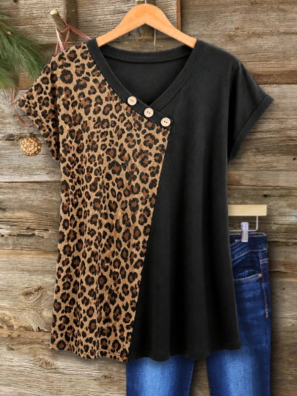 Leopard Patchwork Button V-Neck Top