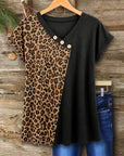 Leopard Patchwork Button V-Neck Top
