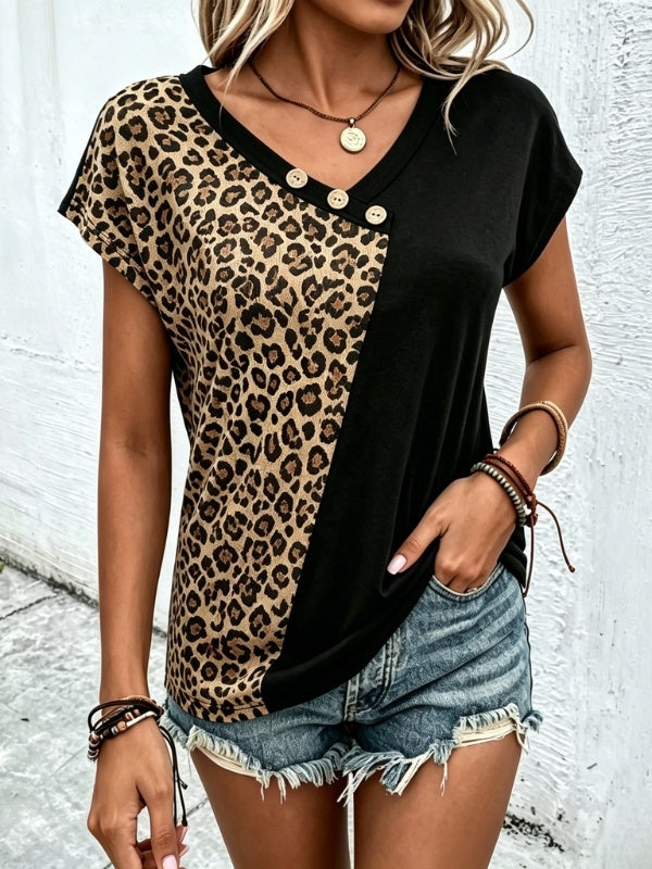 Leopard Patchwork Button V-Neck Top