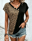 Leopard Patchwork Button V-Neck Top