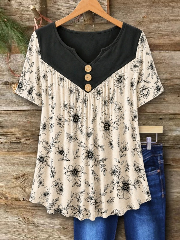 Floral Yoke Button Swing Blouse