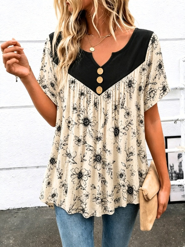 Floral Yoke Button Swing Blouse
